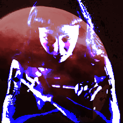 A pixelated, high contrast image of a woman with her arms crossed over her chest. A huge, transparent red moon filling almost the whole picture.