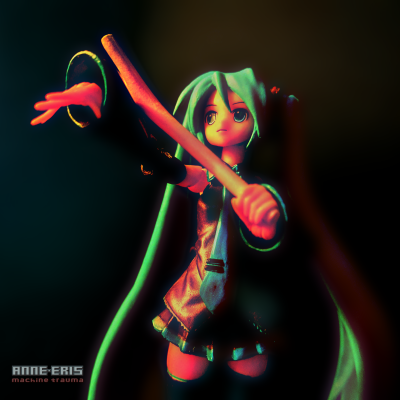 Hatsune Miku doll looking upwards, she holds a leek in her left hand and rests the tip of it on her outstretched right arm.