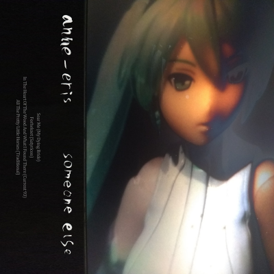 Photograph of a serious looking Hatsune Miku doll with a wide black space with vertical text to her left, track list and artist and album name.